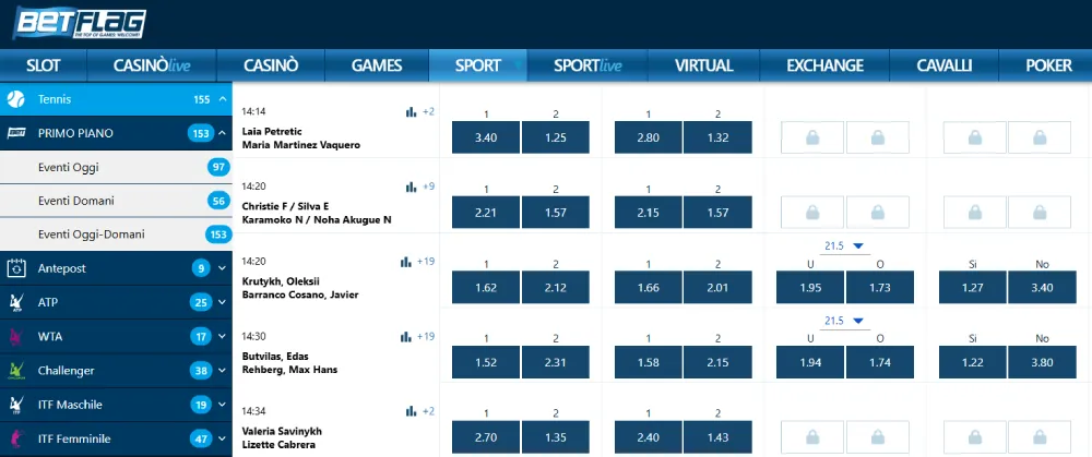 Palinsesto scommesse tennis Betflag